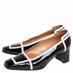 Hermes Black/Cream Patent Leather Square Toe Block Heel Pumps Size 35.5 For Women -Deals Hermes Store luxury women hermes used shoes p407071 002