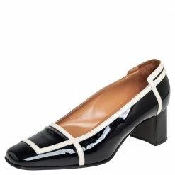 Hermes Black/Cream Patent Leather Square Toe Block Heel Pumps Size 35.5 For Women
