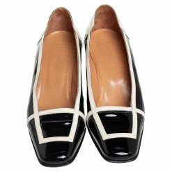 Hermes Black/Cream Patent Leather Square Toe Block Heel Pumps Size 35.5 For Women -Deals Hermes Store luxury women hermes used shoes p407071 006