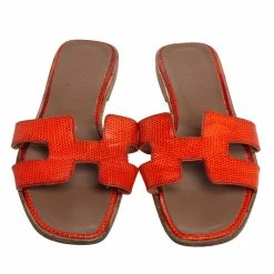 Hermes Orange Lizard Oran Slide Sandals Size 40 For Women -Deals Hermes Store luxury women hermes used shoes p407380 004