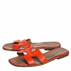 Hermes Orange Lizard Oran Slide Sandals Size 40 For Women -Deals Hermes Store luxury women hermes used shoes p407380 006
