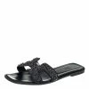 Hermes Black Glitter Suede Embellished Oran Flat Slides Size 40 For Women