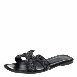 Hermes Black Glitter Suede Embellished Oran Flat Slides Size 40 For Women