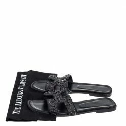 Hermes Black Glitter Suede Embellished Oran Flat Slides Size 40 For Women -Deals Hermes Store luxury women hermes used shoes p408029 009