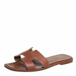 Hermes Brown Leather Oran Slip On Flat Sandals Size 38 For Women