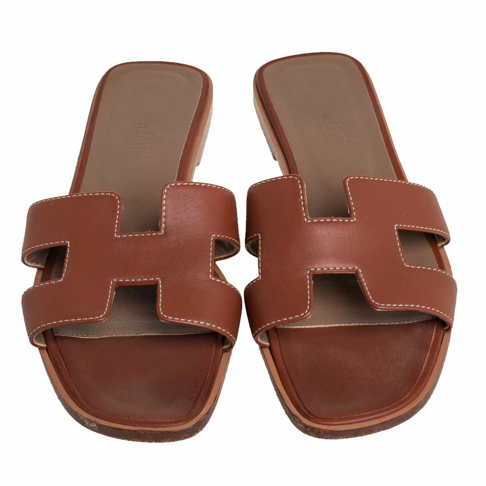 Hermes Brown Leather Oran Slip On Flat Sandals Size 38 For Women 5 Hermes Brown Leather Oran Slip On Flat Sandals Size 38 For Women - Image 3
