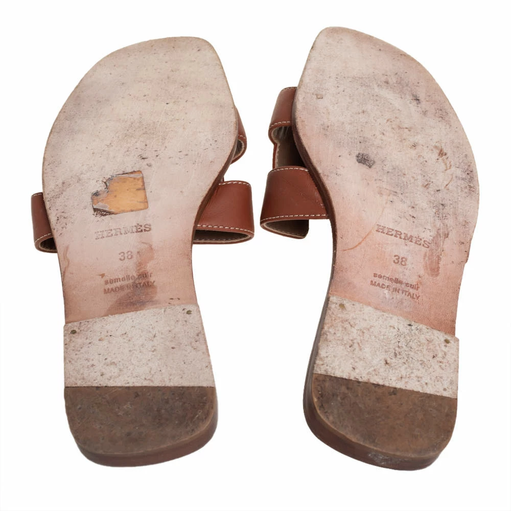 Hermes Brown Leather Oran Slip On Flat Sandals Size 38 For Women 8 Hermes Brown Leather Oran Slip On Flat Sandals Size 38 For Women - Image 6