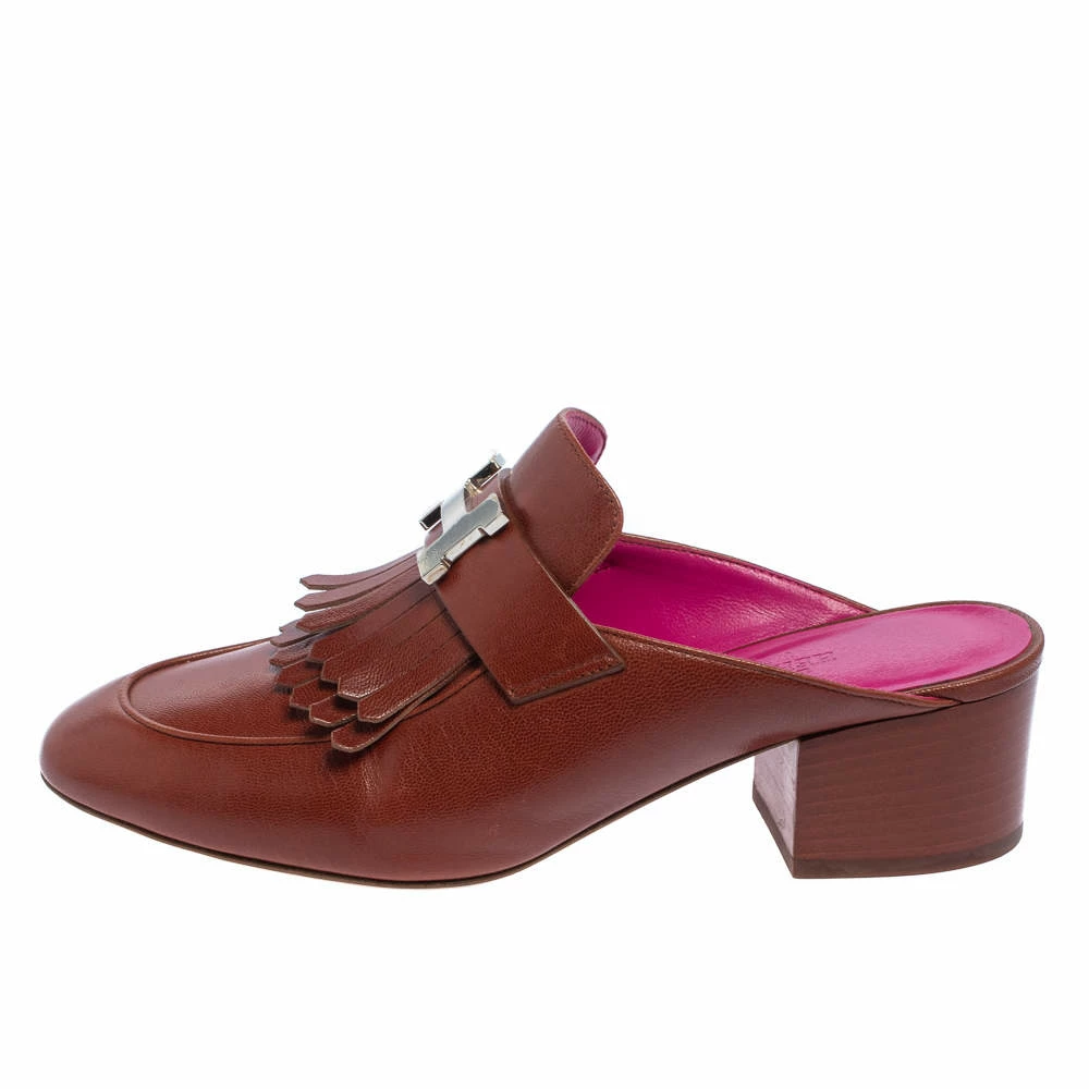 Hermes Hermés Brown Leather Tuileries Fringe Mules Size 35 For Women 4 Hermes Hermés Brown Leather Tuileries Fringe Mules Size 35 For Women - Image 2
