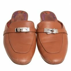 Hermes Brown Leather Palladium Plated Oz Mules Size 38.5 For Women -Deals Hermes Store luxury women hermes used shoes p411497 002
