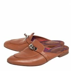 Hermes Brown Leather Palladium Plated Oz Mules Size 38.5 For Women -Deals Hermes Store luxury women hermes used shoes p411497 009