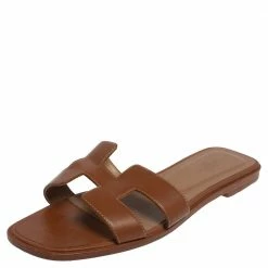 Hermes Brown Leather Oran Flat Slides Size 38 For Women