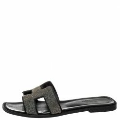 Hermes Black/Silver Suede And Glitter Oran Flat Sandals Size 39 For Women -Deals Hermes Store luxury women hermes used shoes p414899 004