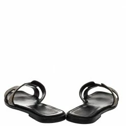 Hermes Black/Silver Suede And Glitter Oran Flat Sandals Size 39 For Women -Deals Hermes Store luxury women hermes used shoes p414899 006