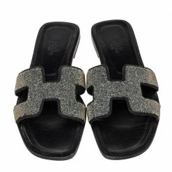 Hermes Black/Silver Suede And Glitter Oran Flat Sandals Size 39 For Women -Deals Hermes Store luxury women hermes used shoes p414899 007