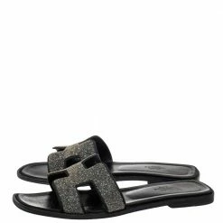 Hermes Black/Silver Suede And Glitter Oran Flat Sandals Size 39 For Women -Deals Hermes Store luxury women hermes used shoes p414899 008