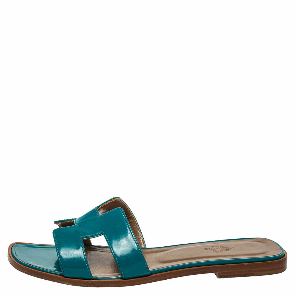 Hermes Blue Leather Oran Flat Sandals Size 38 For Women 4 Hermes Blue Leather Oran Flat Sandals Size 38 For Women - Image 2