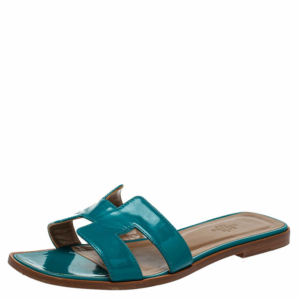 Hermes Blue Leather Oran Flat Sandals Size 38 For Women 3 Hermes Blue Leather Oran Flat Sandals Size 38 For Women