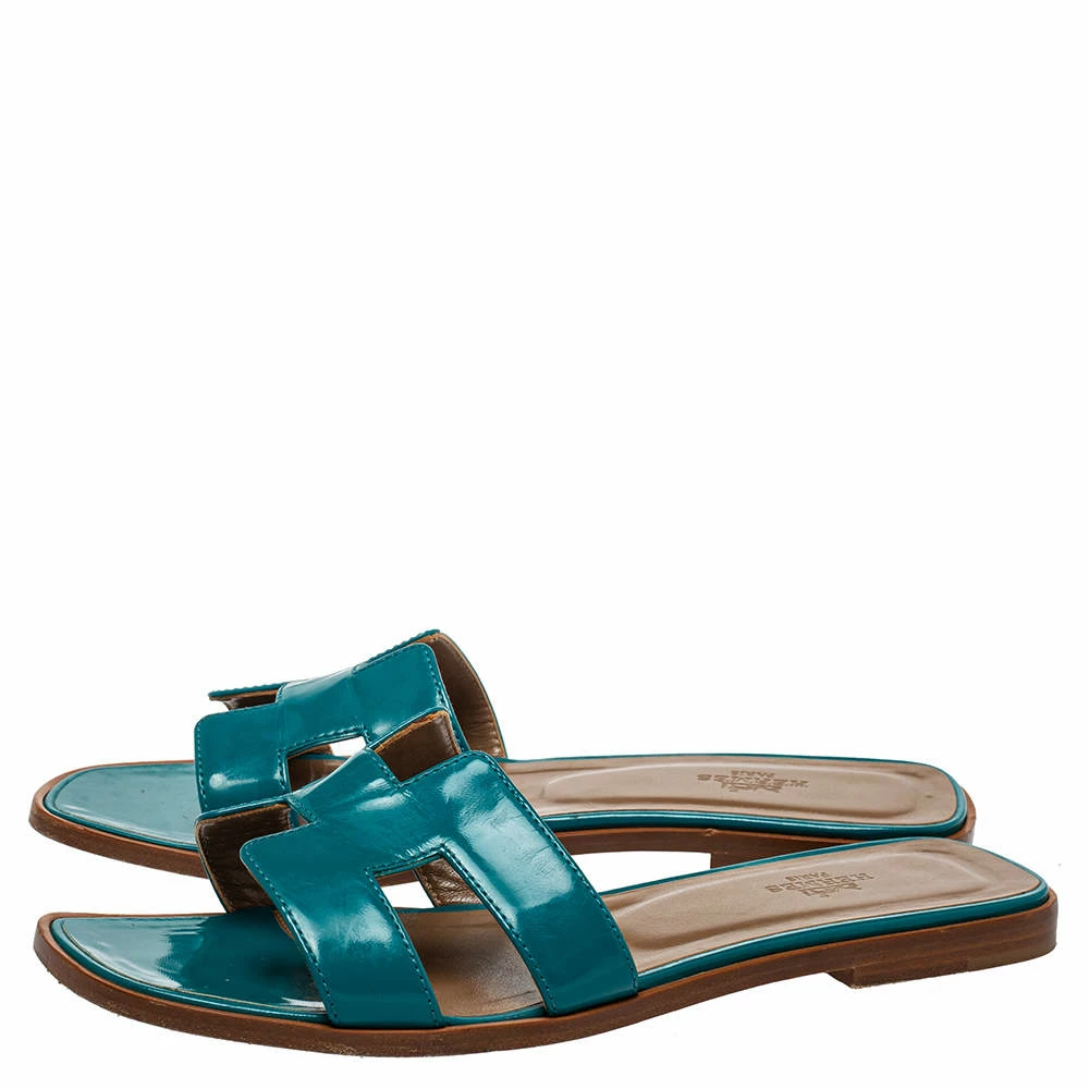 Hermes Blue Leather Oran Flat Sandals Size 38 For Women 6 Hermes Blue Leather Oran Flat Sandals Size 38 For Women - Image 4