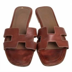 Hermes Brown Leather Oran Flat Sandals Size 37.5 For Women -Deals Hermes Store luxury women hermes used shoes p416128 006