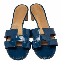Hermes Hermès Blue Patent Leather Oasis Slide Sandals Size 40 For Women -Deals Hermes Store luxury women hermes used shoes p420960 003