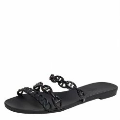 Hermes Black Rubber Chaine D'ancre Rivage Flat Sandals Size 40 For Women