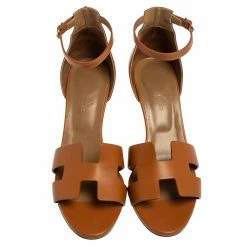 Hermes Brown Leather Legend Ankle Strap Wedge Sandals Size 39 For Women -Deals Hermes Store luxury women hermes used shoes p424674 007