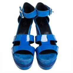 Hermes Blue Suede And Patent Leather Ilana Espadrille Wedge Sandals Size 40 For Women -Deals Hermes Store luxury women hermes used shoes p425420 006