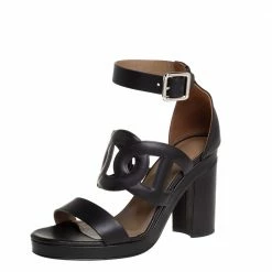 Hermes Black Leather Block Heels Ankle Strap Sandals Size 38 For Women