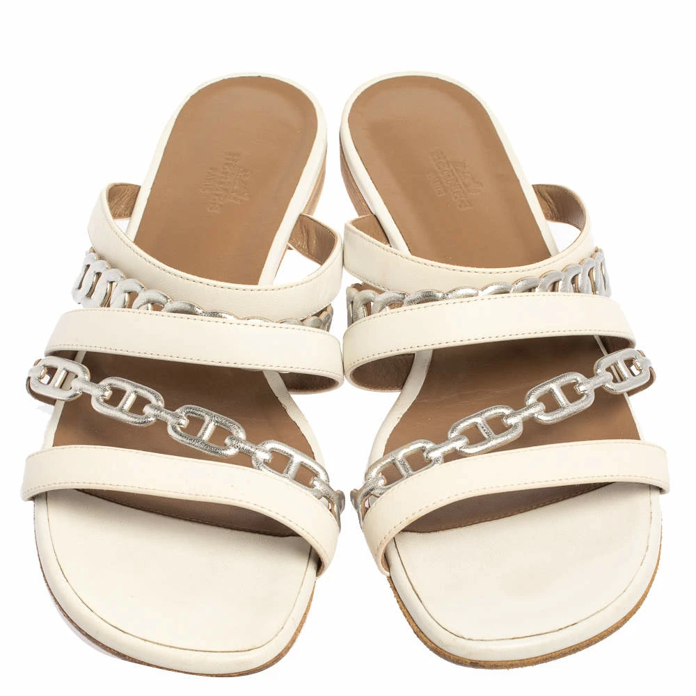 Hermes White/Sliver Leather Amalfi Slide Sandals Size 40.5 For Women 5 Hermes White/Sliver Leather Amalfi Slide Sandals Size 40.5 For Women - Image 3