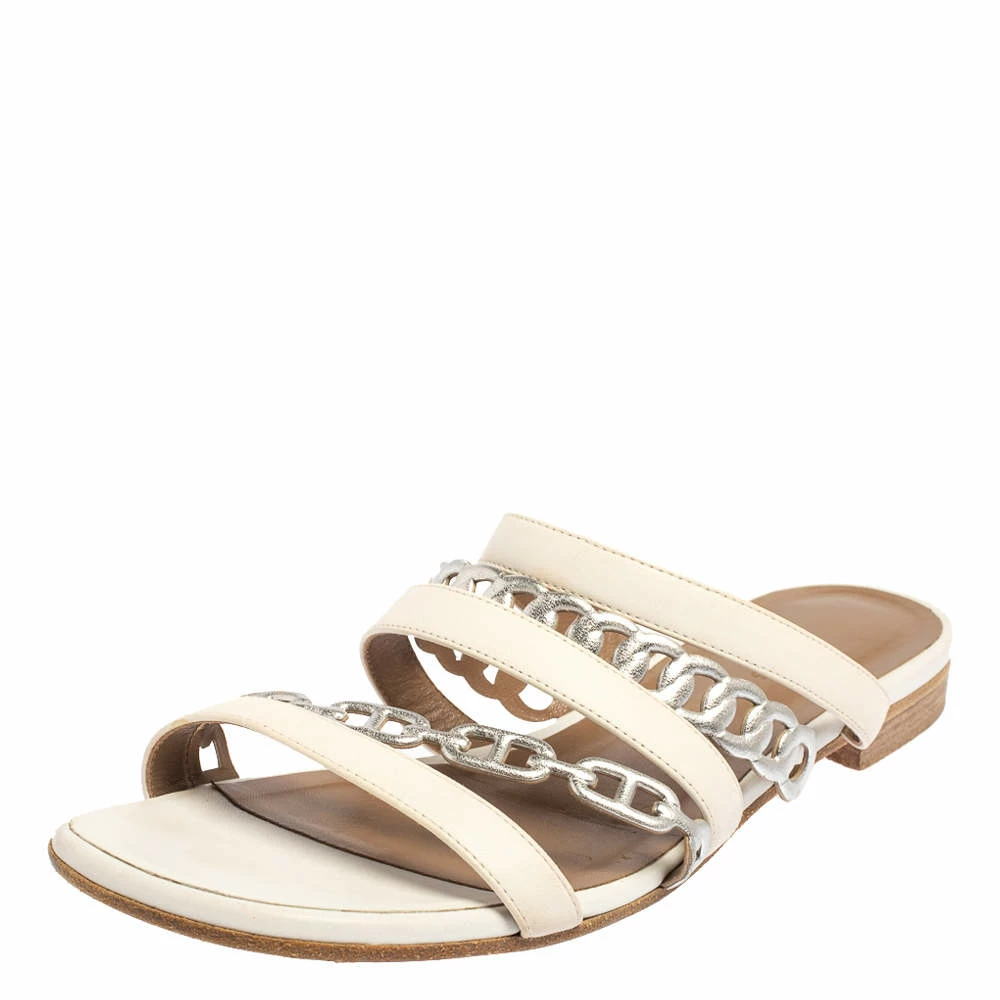 Hermes White/Sliver Leather Amalfi Slide Sandals Size 40.5 For Women 3 Hermes White/Sliver Leather Amalfi Slide Sandals Size 40.5 For Women