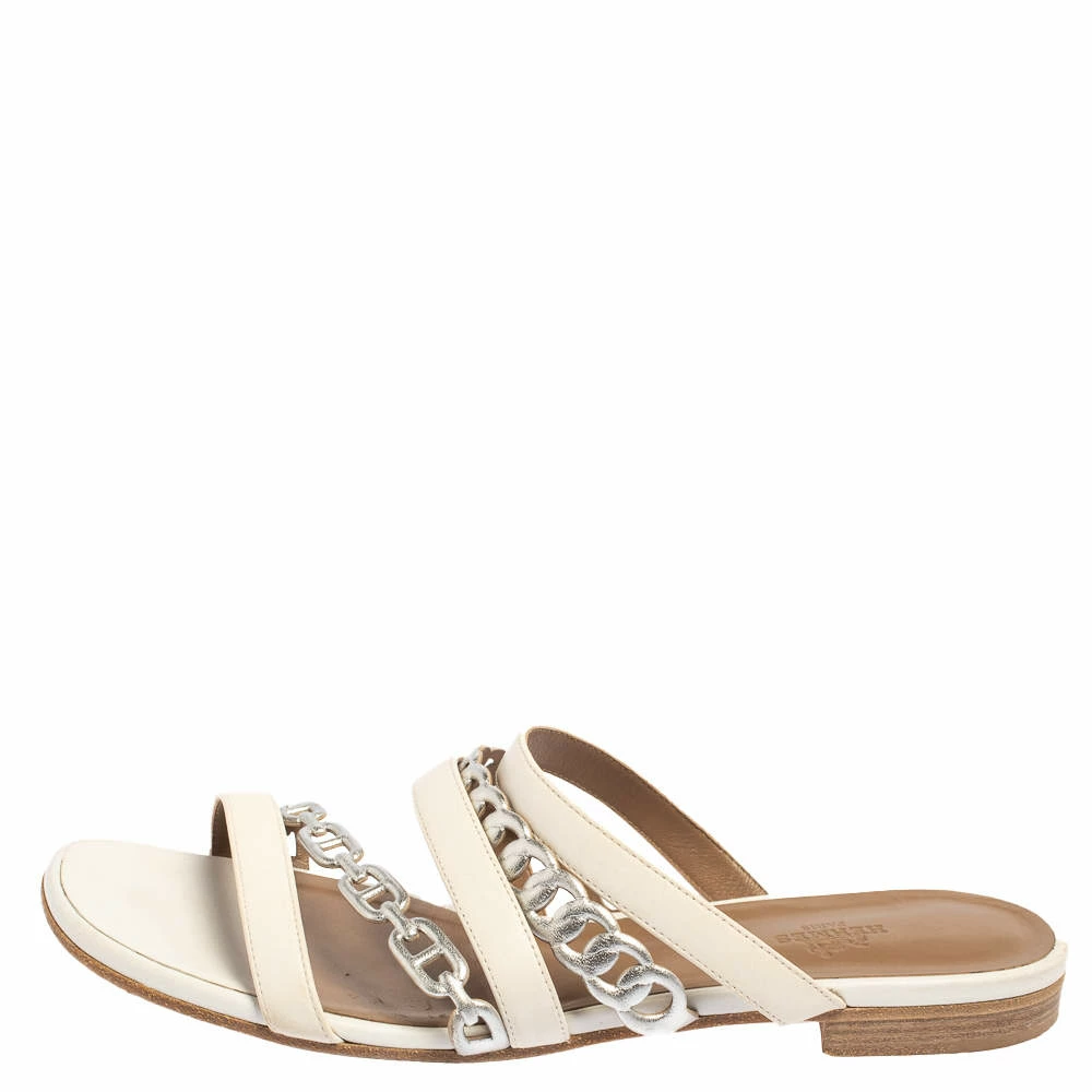 Hermes White/Sliver Leather Amalfi Slide Sandals Size 40.5 For Women 4 Hermes White/Sliver Leather Amalfi Slide Sandals Size 40.5 For Women - Image 2