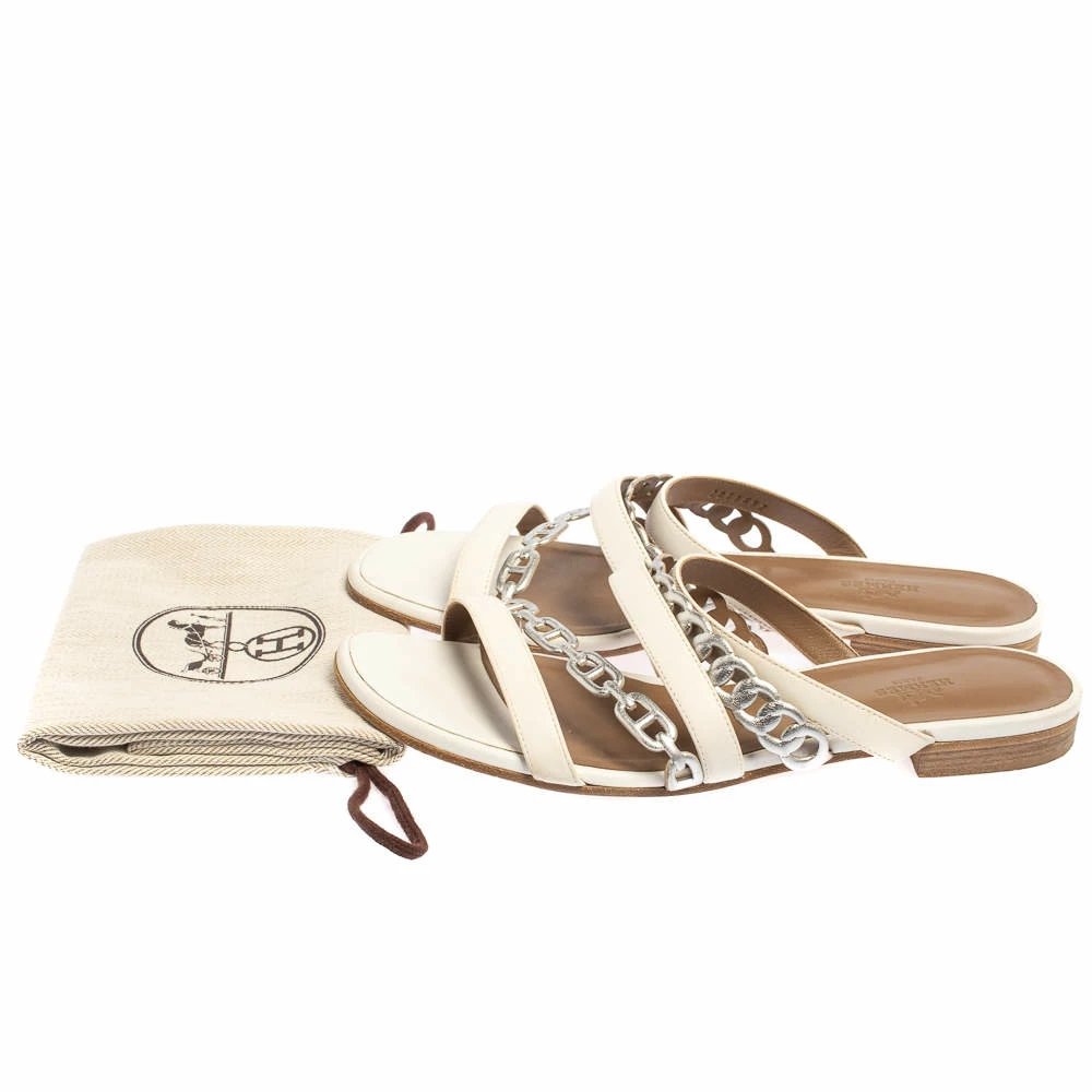Hermes White/Sliver Leather Amalfi Slide Sandals Size 40.5 For Women 10 Hermes White/Sliver Leather Amalfi Slide Sandals Size 40.5 For Women - Image 8