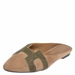 Hermes Beige Suede Roxane Flat Mule Sandals Size 40 For Women