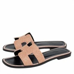 Hermes Beige Glitter Oran Flat Slides Size 37.5 For Women -Deals Hermes Store luxury women hermes used shoes p426485 002