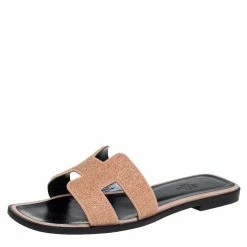 Hermes Beige Glitter Oran Flat Slides Size 37.5 For Women