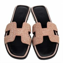 Hermes Beige Glitter Oran Flat Slides Size 37.5 For Women -Deals Hermes Store luxury women hermes used shoes p426485 006
