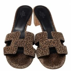 Hermes Hermès Brown Suede Leopard Print Oasis Sandals Size 39 For Women -Deals Hermes Store luxury women hermes used shoes p426495 003