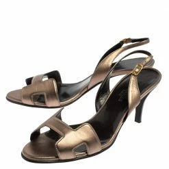 Hermes Metallic Bronze Leather Night Slingback Sandals Size 37 For Women -Deals Hermes Store luxury women hermes used shoes p426831 006