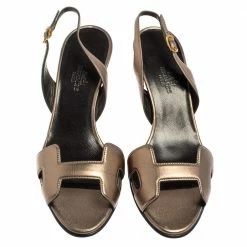 Hermes Metallic Bronze Leather Night Slingback Sandals Size 37 For Women -Deals Hermes Store luxury women hermes used shoes p426831 007