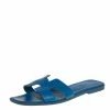 Hermes Blue Leather Oran Flat Slides Size 40 For Women