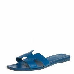 Hermes Blue Leather Oran Flat Slides Size 40 For Women