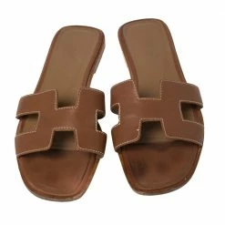 Hermes Brown Leather Oran Flat Sandals Size 37 For Women -Deals Hermes Store luxury women hermes used shoes p434860 005