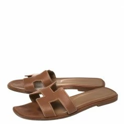 Hermes Brown Leather Oran Flat Sandals Size 37 For Women -Deals Hermes Store luxury women hermes used shoes p434860 009