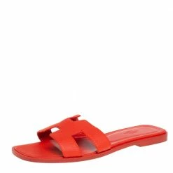 Hermes Red Leather Oran Flat Slides Size 39 For Women