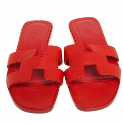 Hermes Red Leather Oran Flat Slides Size 39 For Women -Deals Hermes Store luxury women hermes used shoes p438279 005