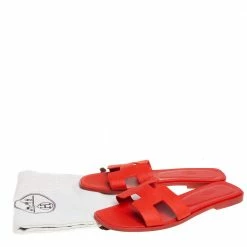 Hermes Red Leather Oran Flat Slides Size 39 For Women -Deals Hermes Store luxury women hermes used shoes p438279 008
