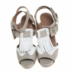 Hermes Grey/White Leather Fringe Platform Sandals Size 40 For Women -Deals Hermes Store luxury women hermes used shoes p439775 004