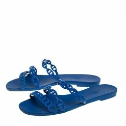 Hermes Hermés Blue Rubber Chaîne D'Ancre Rivage Flat Slides Size 37 For Women -Deals Hermes Store luxury women hermes used shoes p441133 002