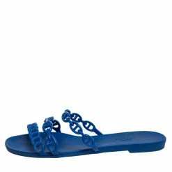 Hermes Hermés Blue Rubber Chaîne D'Ancre Rivage Flat Slides Size 37 For Women -Deals Hermes Store luxury women hermes used shoes p441133 004