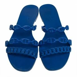 Hermes Hermés Blue Rubber Chaîne D'Ancre Rivage Flat Slides Size 37 For Women -Deals Hermes Store luxury women hermes used shoes p441133 006